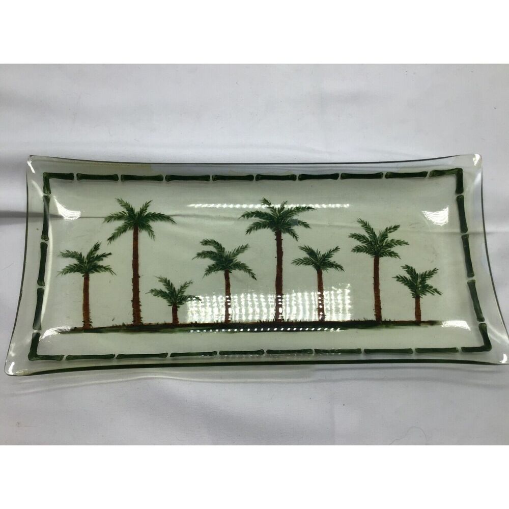 Hand Painted Glass Tray Palm Trees Mid Century Modern 11.5 x 5.5 Inches MCM